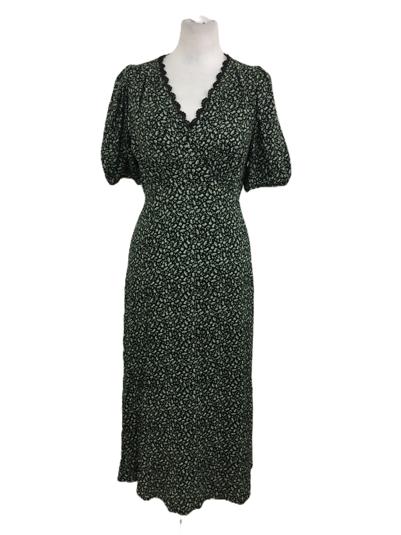 M&S Women's A-Line Dress Black Mix Puff Sleeves Floral Lace Trim Zip V-Neck New