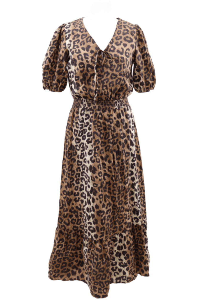 M&S Women's Maxi Dress Brown Leopard Print Shirred Tie Puff Sleeve Tiered New