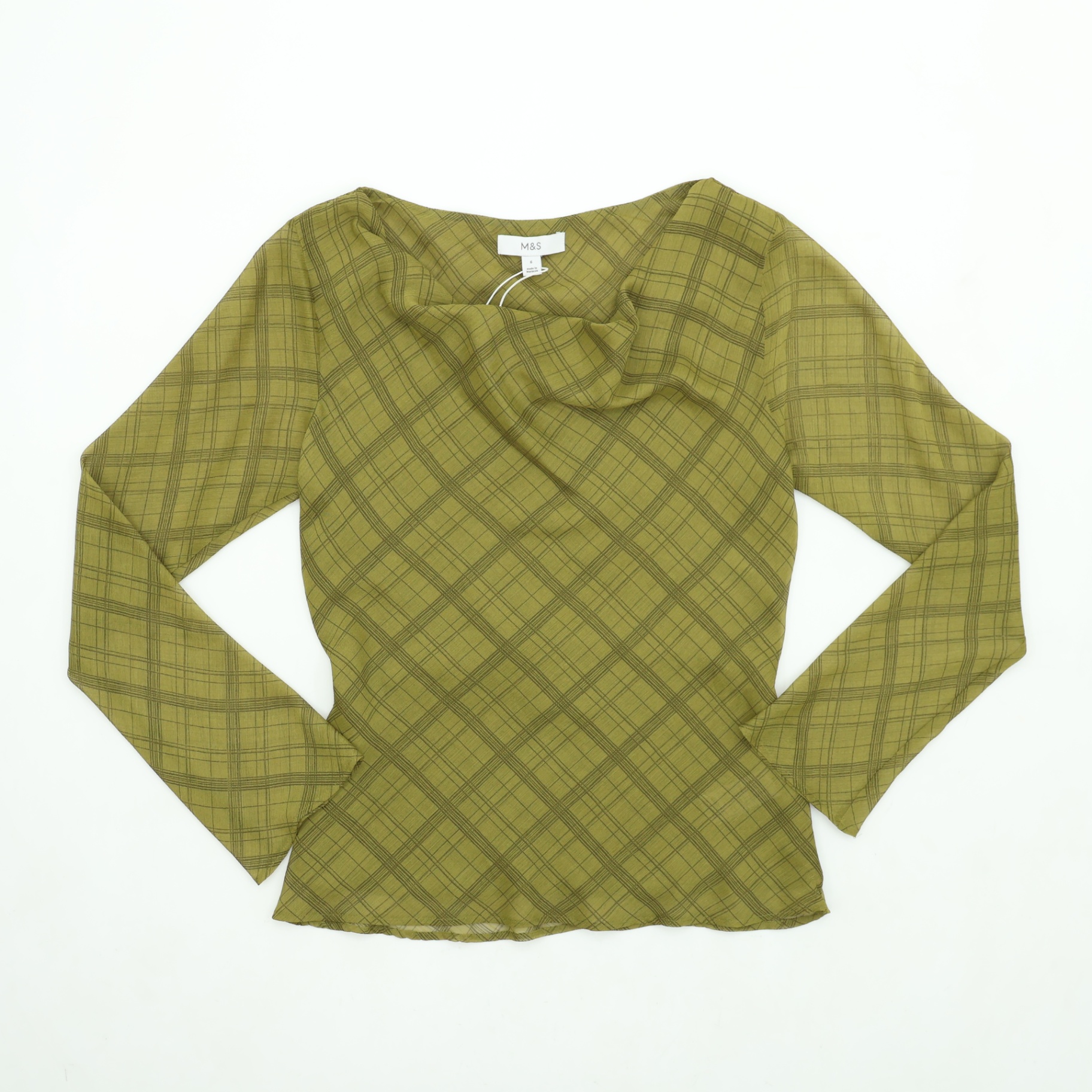 M&S Women’s Top Green Mix Check Tie Boat Neck New
