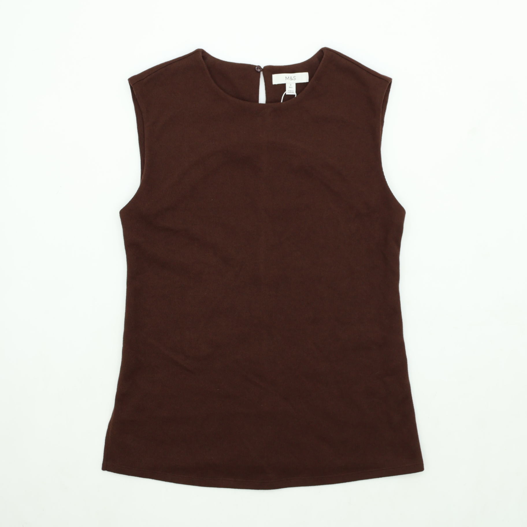 M&S Women’s Top Brown Jersey Rib Crew Neck Button New
