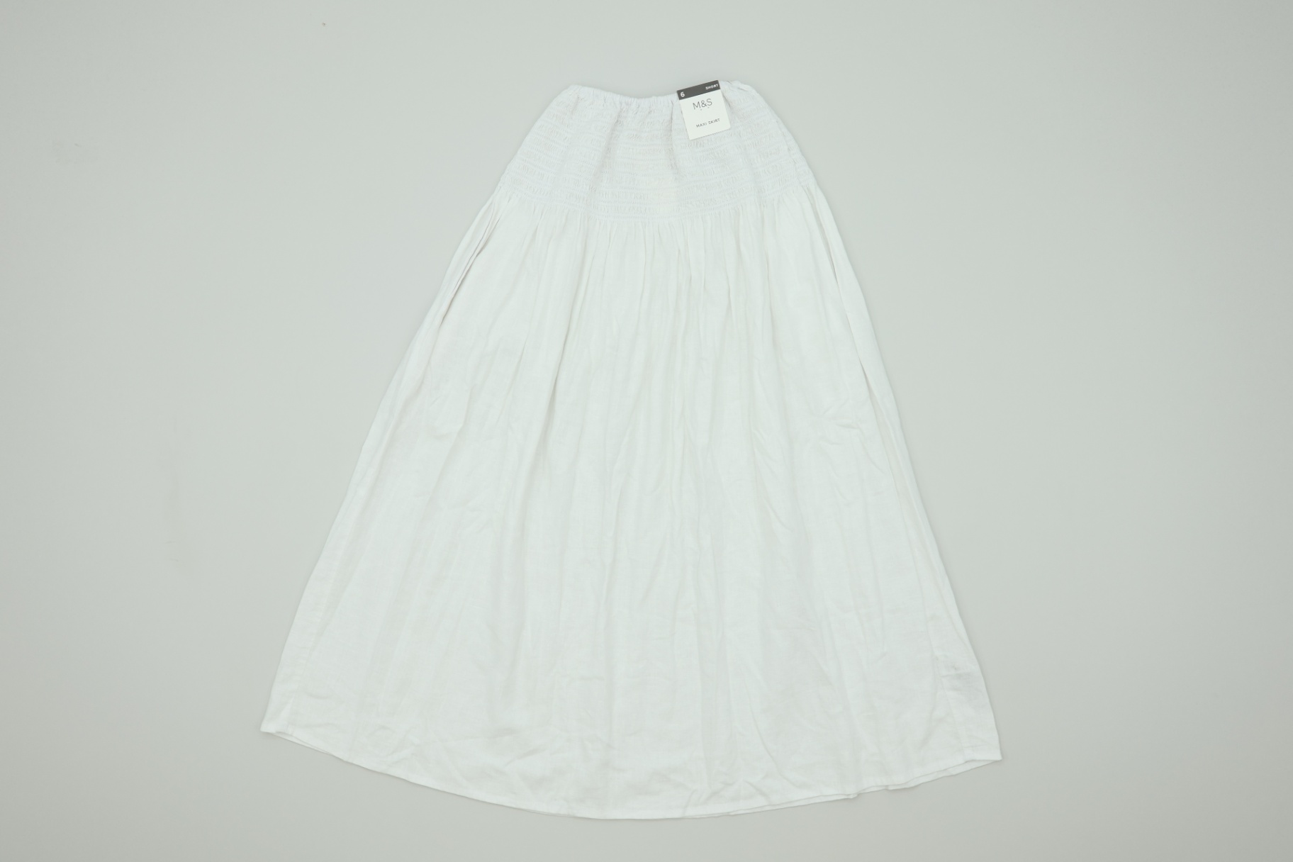 M&S Women's Skirt White Shirred Waist Midi Linen Blend New