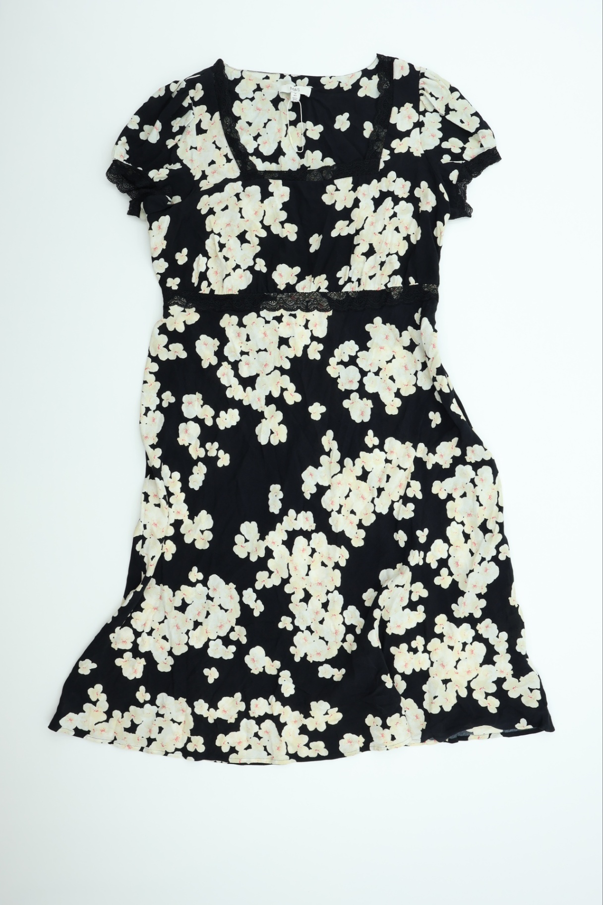 M&S Women’s Size 18/20T Black Floral Square Neck Dress New