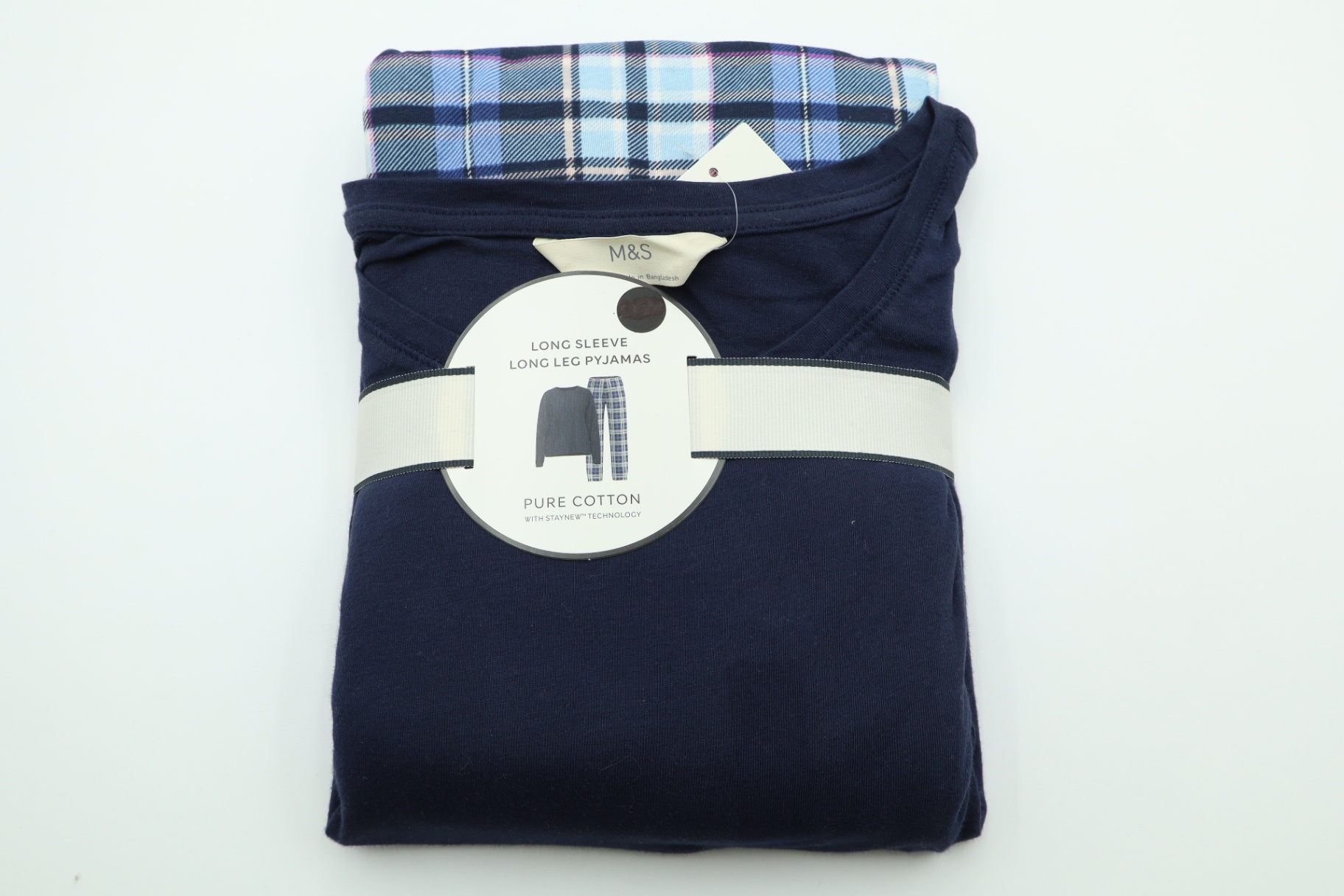 Marks & Spencer Women's Pyjama Set Navy Blue Check Crew Neck New