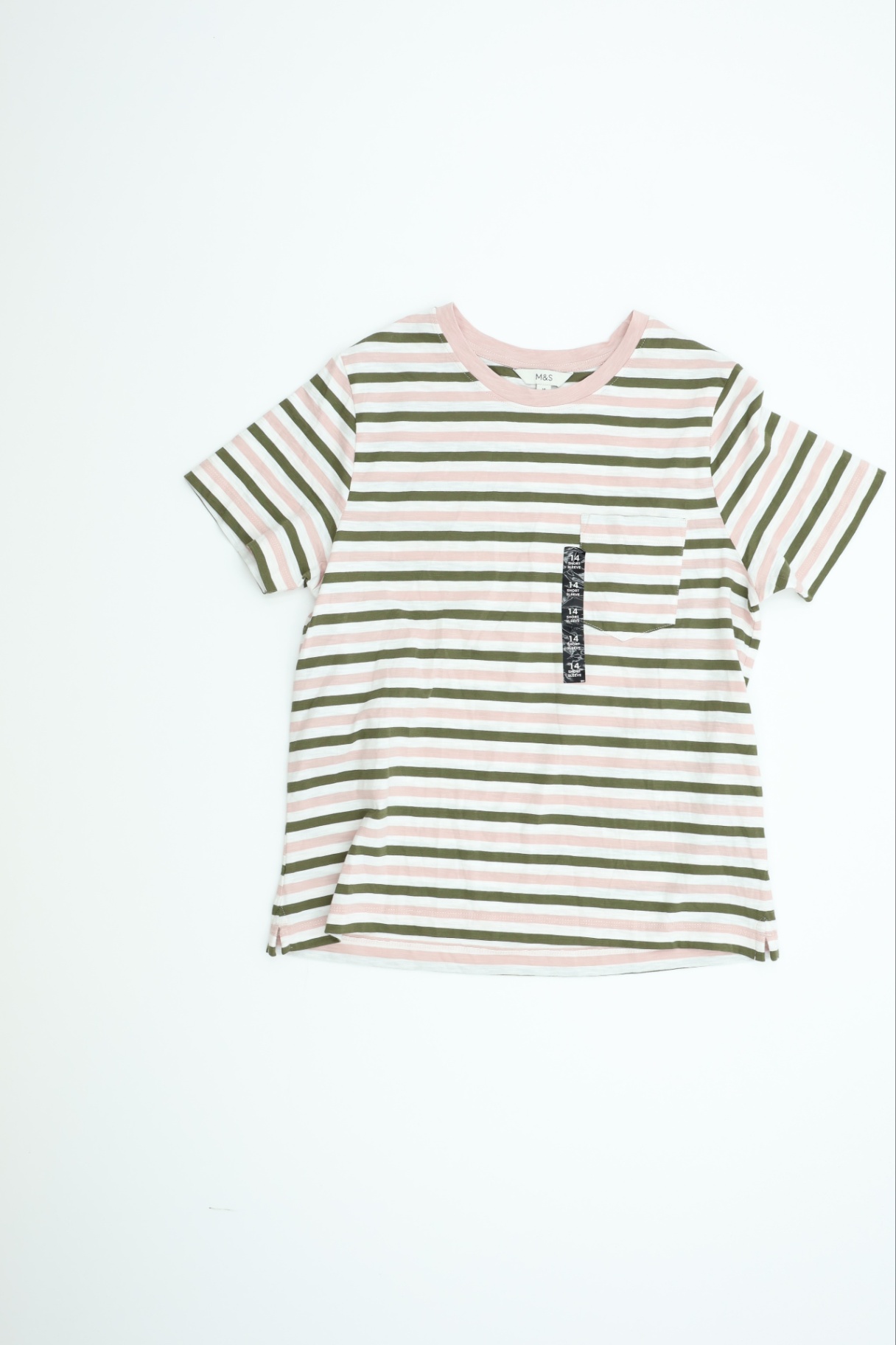 M&S Women’s Pink Mix Mix Striped Crew Neck Chest Pocket New