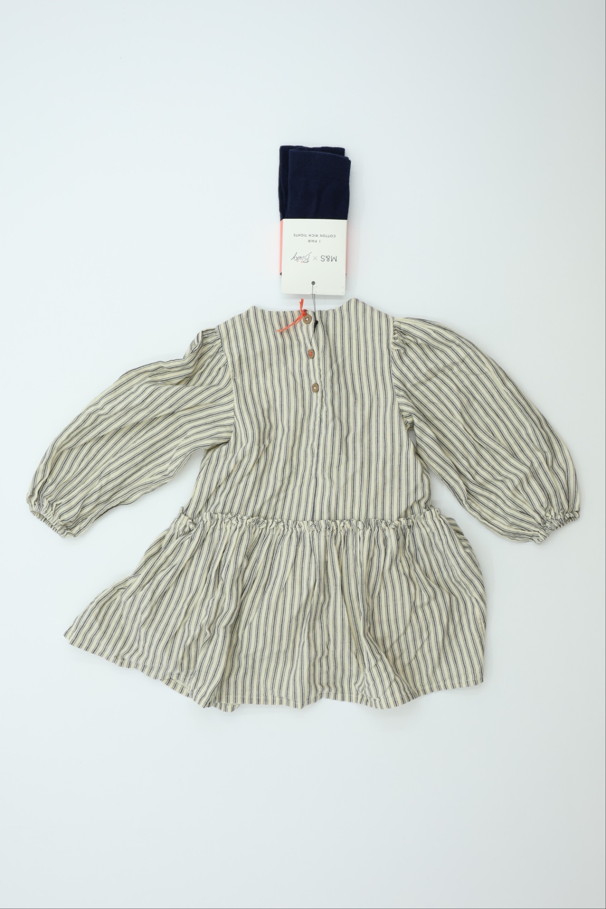 Marks & Spencer Girls Cream Striped Button Dress With Tights NEW_OTHER