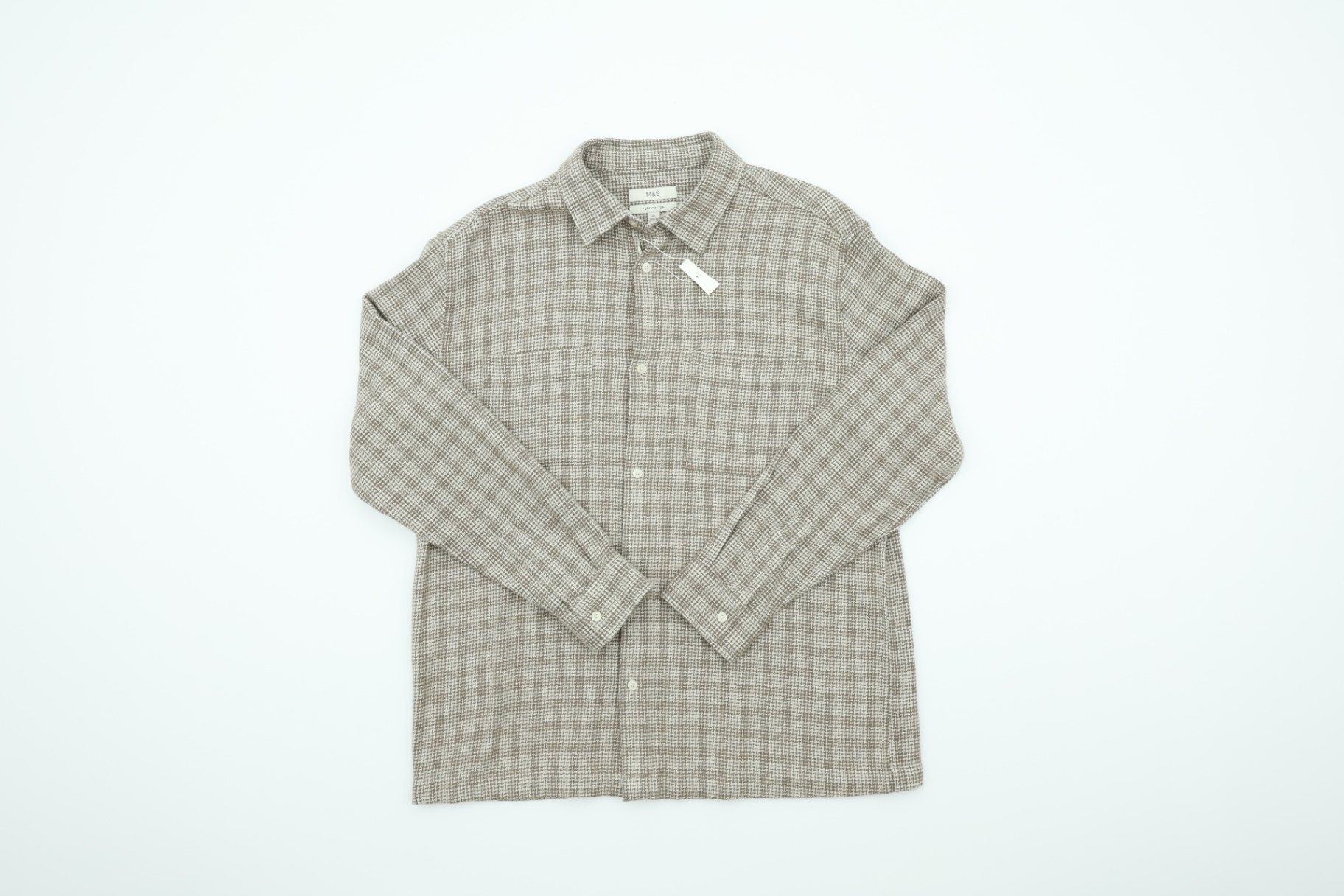 Marks & Spencer Men’s Ecru Mix Houndstooth Shirt Button Up Chest Pocket New
